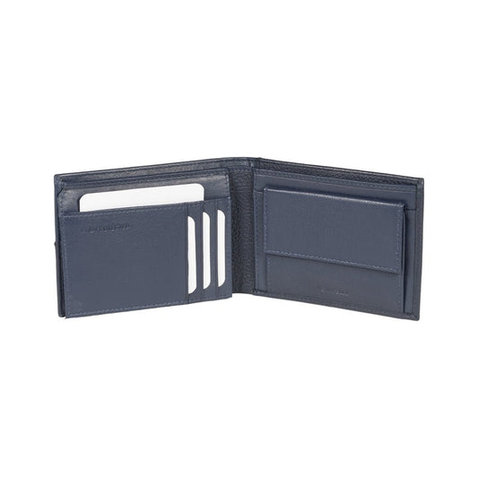 RB12104D | Portafogli Uomo in Vera Pelle pieno fiore, grana dollaro/leggera. Colore Blu. Protezione RFID. Dimensioni da chiuso: cm 12,5 x 9,5 x 2. Confezione: Scatola regalo fondo/coperchio - www.Shopthatapp.com