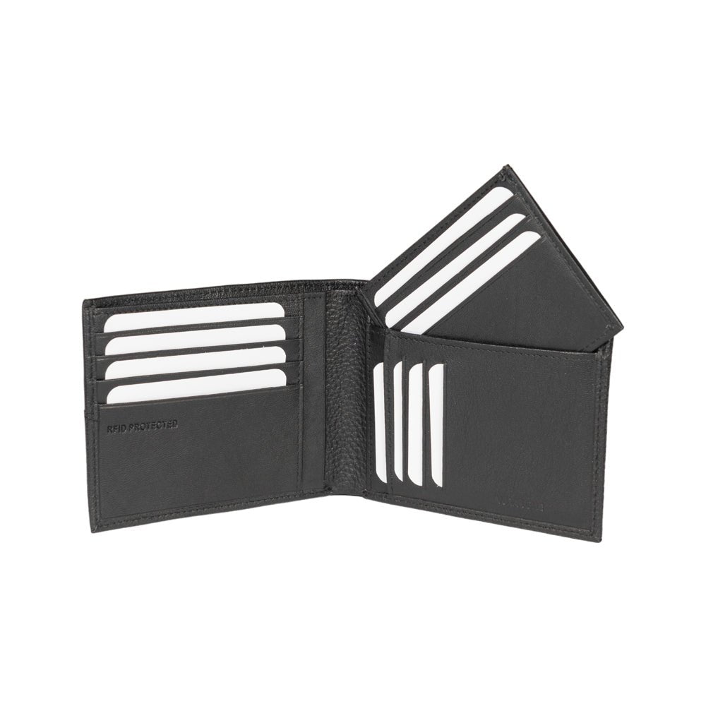 RB12106A | Portafogli Uomo in Vera Pelle pieno fiore, grana dollaro/leggera. Couleur Noir. Protection RFID. Dimensioni da chiuso: cm 12,5 x 9,5 x 2. Confezione: Scatola regalo fondo/coperchio