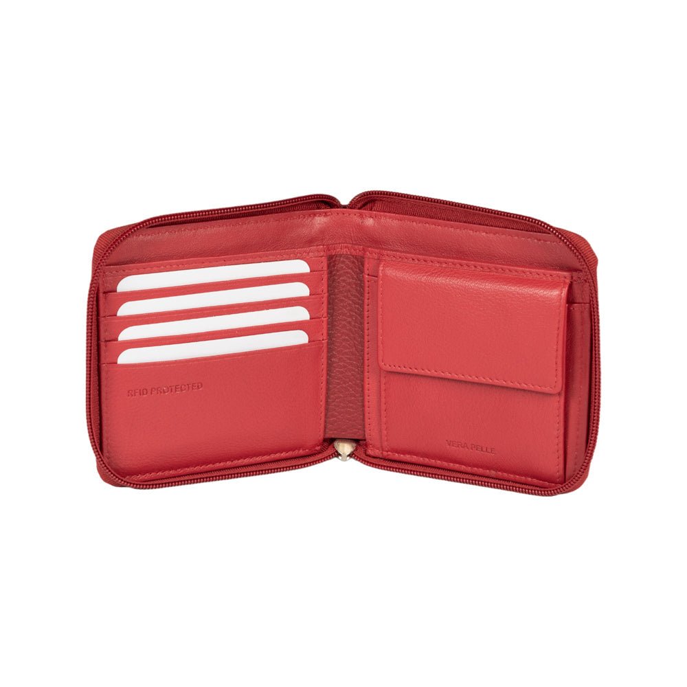 RB12175V | Portafogli con Lampo in Vera Pelle pieno fiore, grana dollaro/leggera. Colore Rosso. Protezione RFID. Dimensioni da chiuso: cm 11,5 x 10,5 x 2. Confezione: Scatola regalo fondo/coperchio - www.Shopthatapp.com