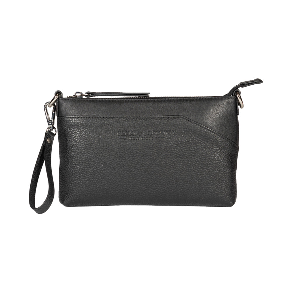 RB2003A | Borsa a Tracolla/Polso in Vera Pelle pieno fiore, grana dollaro/leggera. Tracolla e maniglia removibili. Colore Nero. Dimensioni: cm 22 x 14 x 2,5. Confezione: Sacchetto in Tessuto non Tessuto