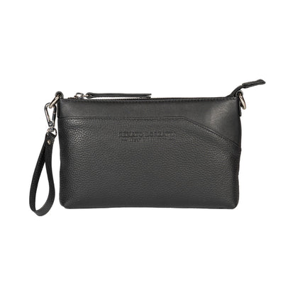 RB2003A | Borsa a Tracolla/Polso in Vera Pelle pieno fiore, grana dollaro/leggera. Tracolla e maniglia removibili. Colore Nero. Dimensioni: cm 22 x 14 x 2,5. Confezione: Sacchetto in Tessuto non Tessuto