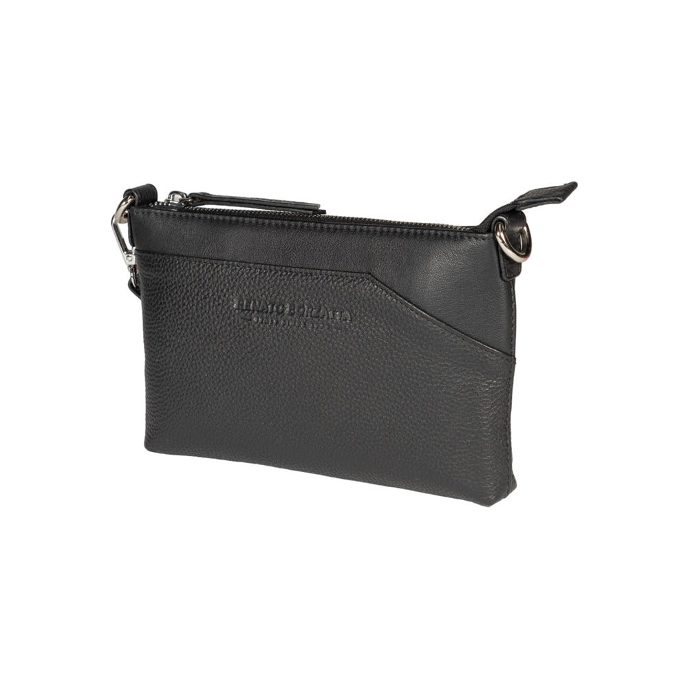 RB2003A | Borsa a Tracolla/Polso in Vera Pelle pieno fiore, grana dollaro/leggera. Tracolla e maniglia removibili. Colore Nero. Dimensioni: cm 22 x 14 x 2,5. Confezione: Sacchetto in Tessuto non Tessuto