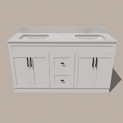 60-Inch Double Sink Shaker Bathroom Vanity — White or Gray | Plywood Cabinet, Solid-Wood Doors, Soft-Close 3-Way Clip-On Hinges | Center Drawers - www.Shopthatapp.com