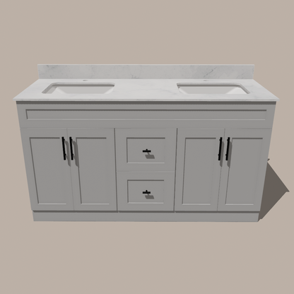 60-Inch Double Sink Shaker Bathroom Vanity — White or Gray | Plywood Cabinet, Solid-Wood Doors, Soft-Close 3-Way Clip-On Hinges | Center Drawers - www.Shopthatapp.com