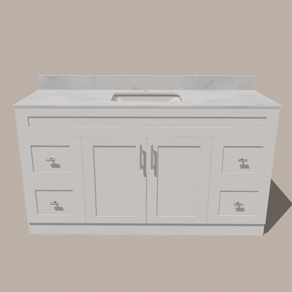 60-Inch Single Sink Shaker Bathroom Vanity — White or Gray | Plywood Cabinet, Solid-Wood Doors, Soft-Close 3-Way Clip-On Hinges | 4 Drawers, Center Double Doors - www.Shopthatapp.com