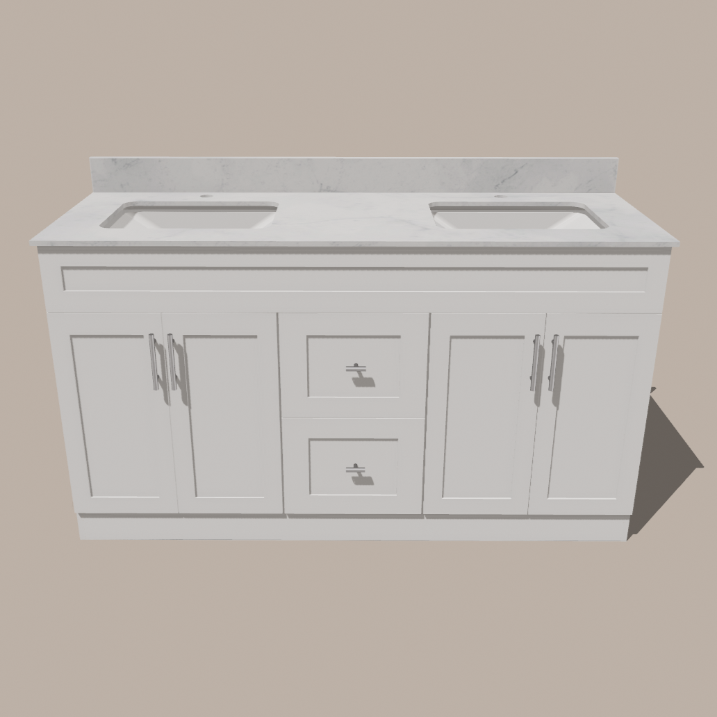 60-Inch Double Sink Shaker Bathroom Vanity — White or Gray | Plywood Cabinet, Solid-Wood Doors, Soft-Close 3-Way Clip-On Hinges | Center Drawers - www.Shopthatapp.com