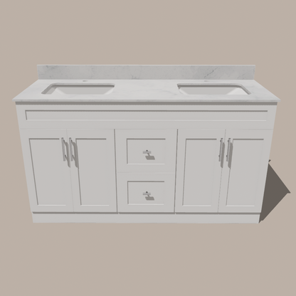 60-Inch Double Sink Shaker Bathroom Vanity — White or Gray | Plywood Cabinet, Solid-Wood Doors, Soft-Close 3-Way Clip-On Hinges | Center Drawers - www.Shopthatapp.com