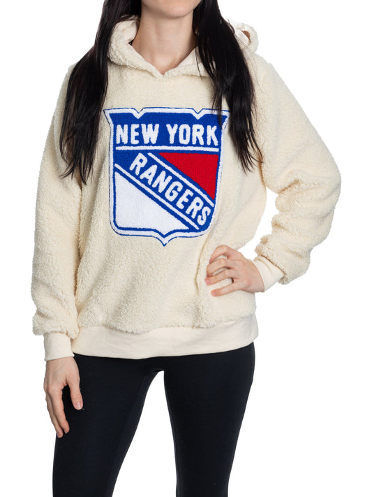 New York Rangers Ladies Sherpa Hoodie with Premium Chenille Logo - www.Shopthatapp.com