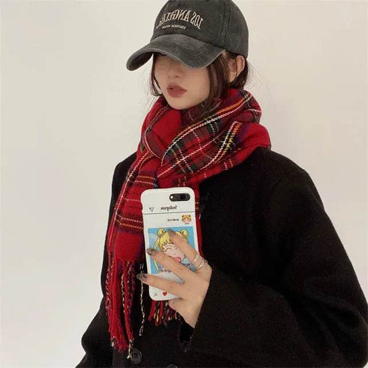 Red Check Pattern Plaid All-match Warm Tassel Scarf - www.Shopthatapp.com #