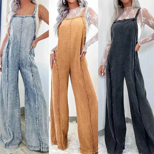 Retro Washed Raw Edge Denim Wide-leg Suspender Denim  Jumpsuit Baggy Denim Jeans Jumper - www.Shopthatapp.com #