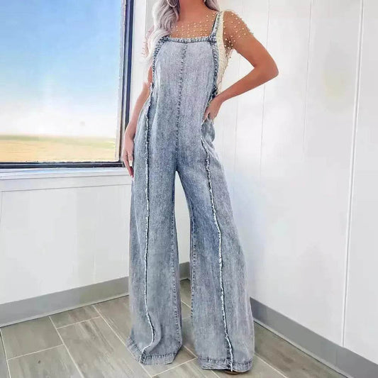 Retro Washed Raw Edge Denim Wide-leg Suspender Denim  Jumpsuit Baggy Denim Jeans Jumper - www.Shopthatapp.com #