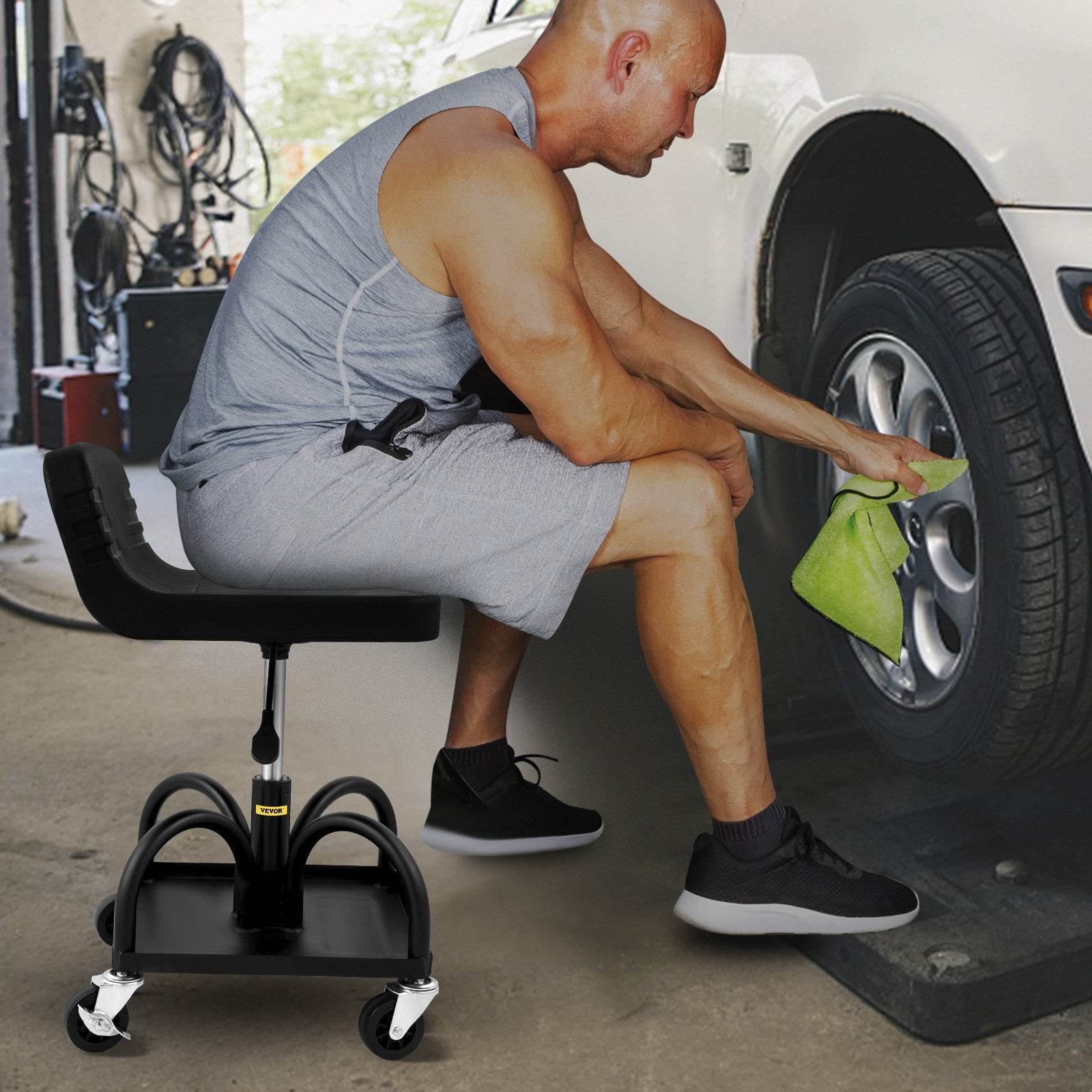 Rolling Garage Stool, 300LBS Capacity, Adjustable Height From 15.7 In To 20.5 In, Mechanic Seat With 360-degree Swivel Wheels And Tool Tray, For Workshop, Auto Repair Shop, Black - www.Shopthatapp.com #