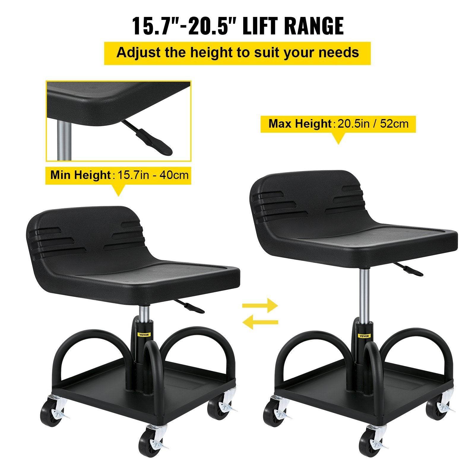 Rolling Garage Stool, 300LBS Capacity, Adjustable Height From 15.7 In To 20.5 In, Mechanic Seat With 360-degree Swivel Wheels And Tool Tray, For Workshop, Auto Repair Shop, Black - www.Shopthatapp.com #
