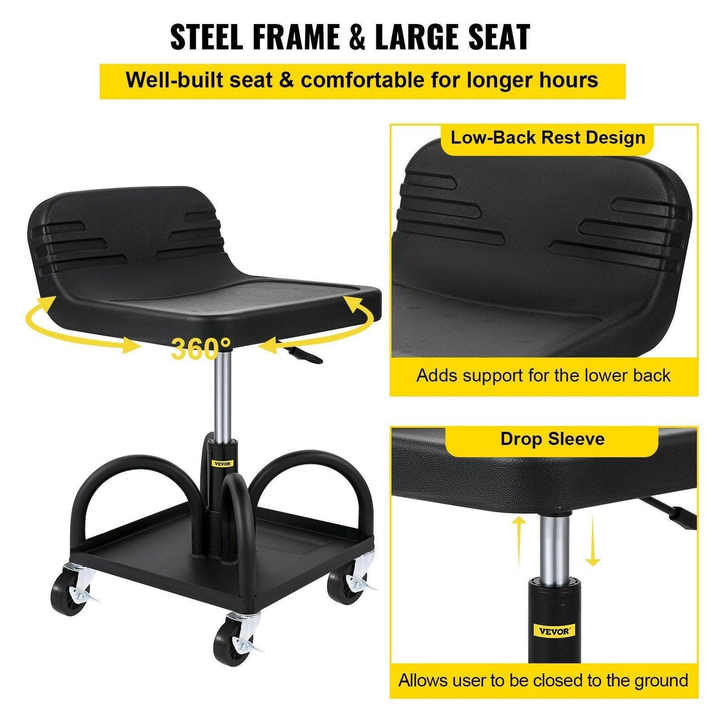Rolling Garage Stool, 300LBS Capacity, Adjustable Height From 15.7 In To 20.5 In, Mechanic Seat With 360-degree Swivel Wheels And Tool Tray, For Workshop, Auto Repair Shop, Black - www.Shopthatapp.com #