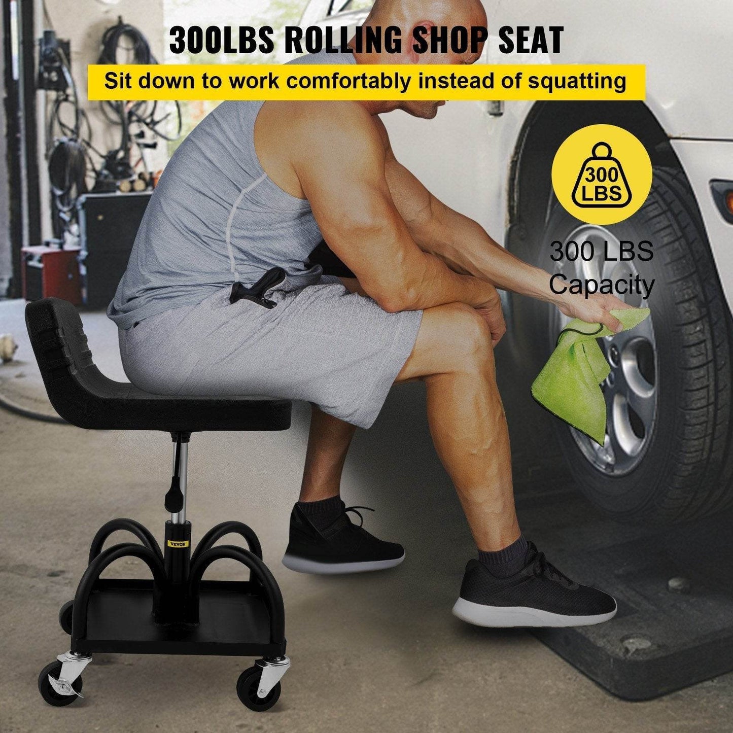 Rolling Garage Stool, 300LBS Capacity, Adjustable Height From 15.7 In To 20.5 In, Mechanic Seat With 360-degree Swivel Wheels And Tool Tray, For Workshop, Auto Repair Shop, Black - www.Shopthatapp.com #