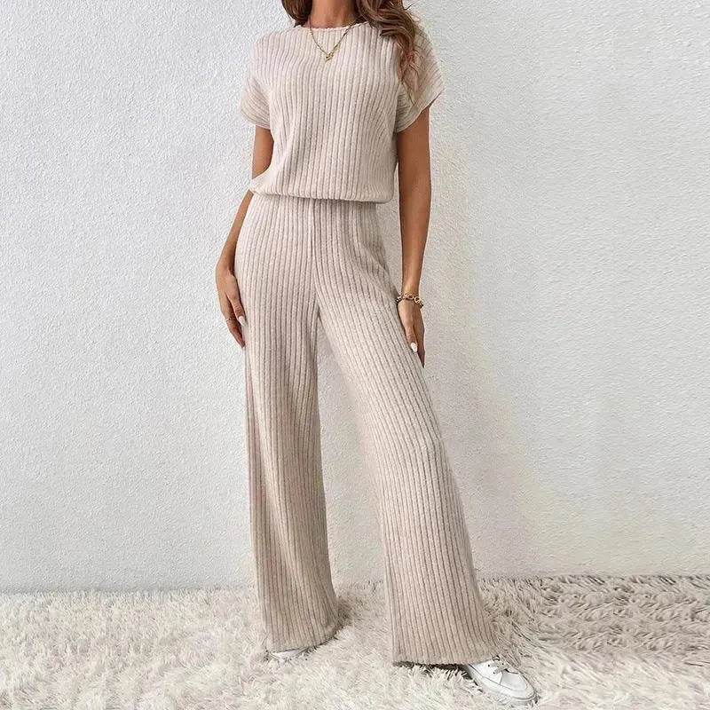 Round Neck Solid Color Fashion Knitted Top And Trousers Two-piece Set - www.Shopthatapp.com