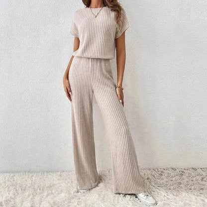 Round Neck Solid Color Fashion Knitted Top And Trousers Two-piece Set - www.Shopthatapp.com