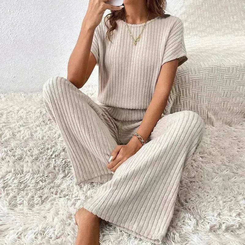 Round Neck Solid Color Fashion Knitted Top And Trousers Two-piece Set - www.Shopthatapp.com