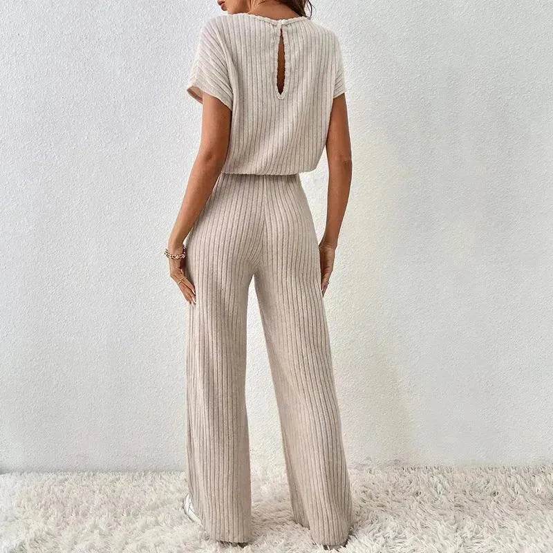 Round Neck Solid Color Fashion Knitted Top And Trousers Two-piece Set - www.Shopthatapp.com