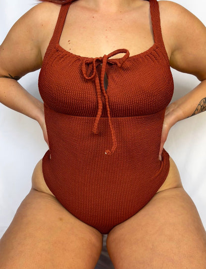 Tie-Front Textured One Piece / Rust-Teen girls fashion-www.Shopthatapp.com-Catch 23 Swim