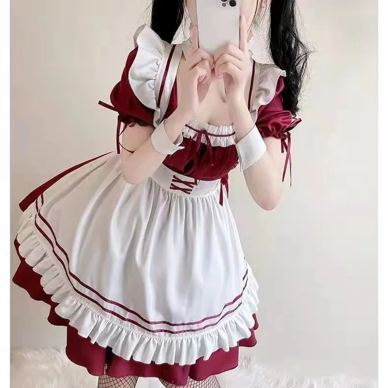 Women's Dress Red White Lolita Maid Costume Cosplay Costumes Cute Dress Sexy French Apron Uniform Cafe Maid Party Skirt - www.Shopthatapp.com
