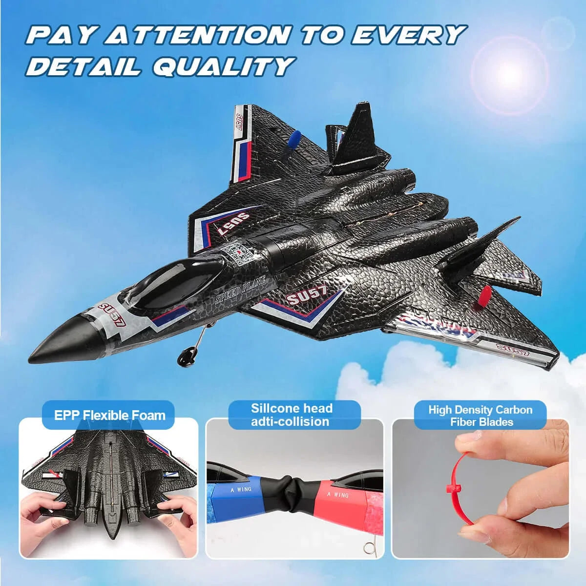 SU57 RC Plane: 2.4G Light-Up Foam Aircraft for Kids - Hand Thrown, Fixed Wing Toy - www.Shopthatapp.com