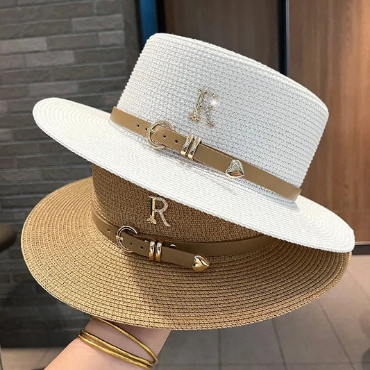 Summer Sun Hat Flat Top Straw Hats for Women New Metal R Letter Fashionable Beach Sun Hat Females Travel Holidays Boater Hat - www.Shopthatapp.com