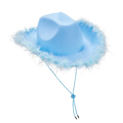 2024 Fashion Women´s Party Hats Cowboy Hat Adult Solid Color Furry Trim Wide Brim Hat Female Cap for Dating Party