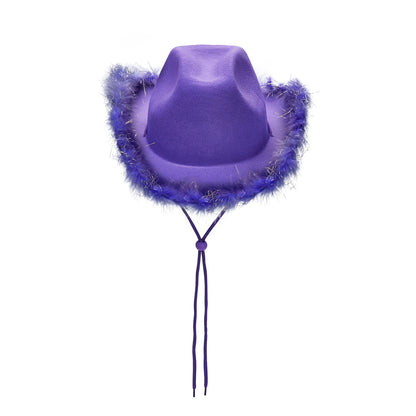 2024 Fashion Women´s Party Hats Cowboy Hat Adult Solid Color Furry Trim Wide Brim Hat Female Cap for Dating Party - www.Shopthatapp.com
