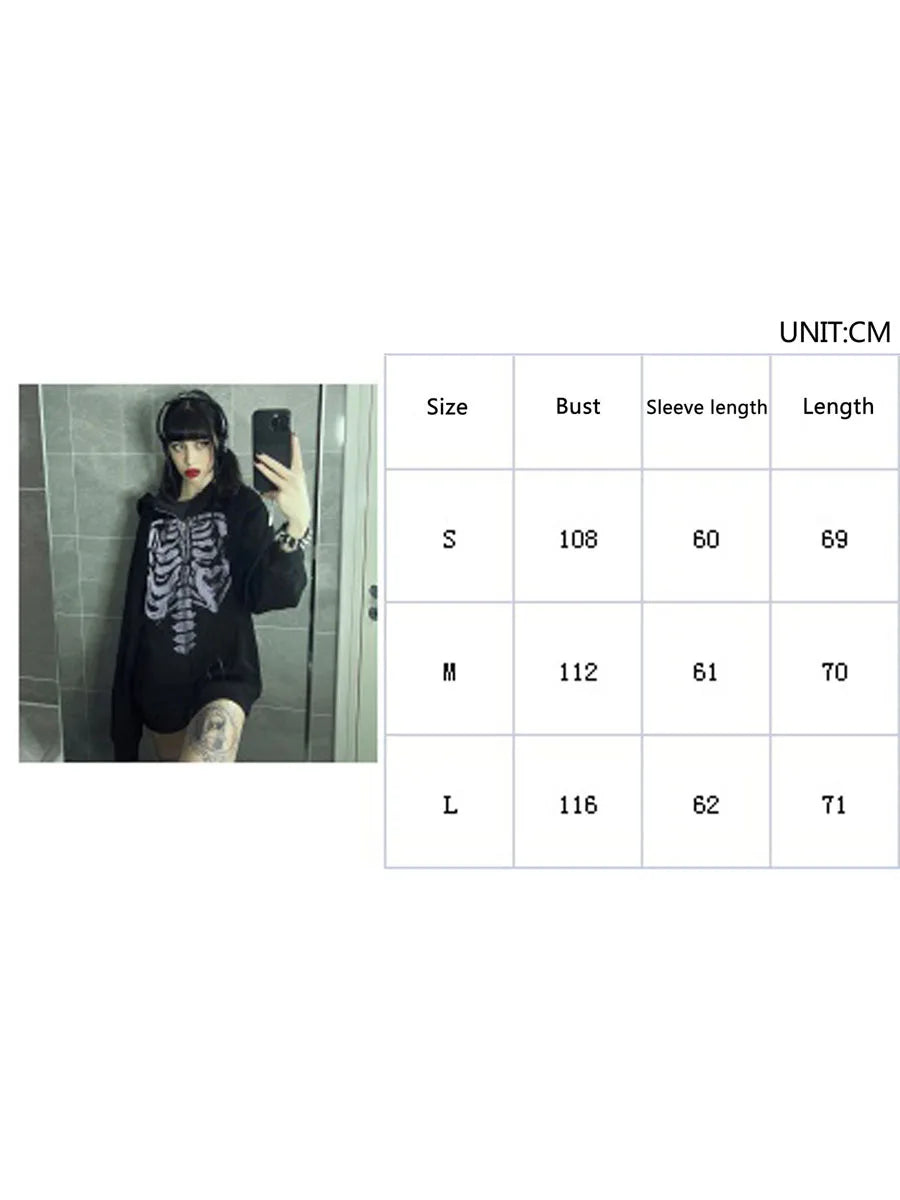 Women's Dark Aesthetic Hoodies Gothic Punk Skull Print Sweatshirt Long Sleeves Casual Hooded Coat y2k Fairycore Grunge Clothes - www.Shopthatapp.com