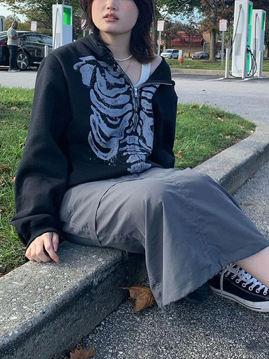 Women's Dark Aesthetic Hoodies Gothic Punk Skull Print Sweatshirt Long Sleeves Casual Hooded Coat y2k Fairycore Grunge Clothes - www.Shopthatapp.com