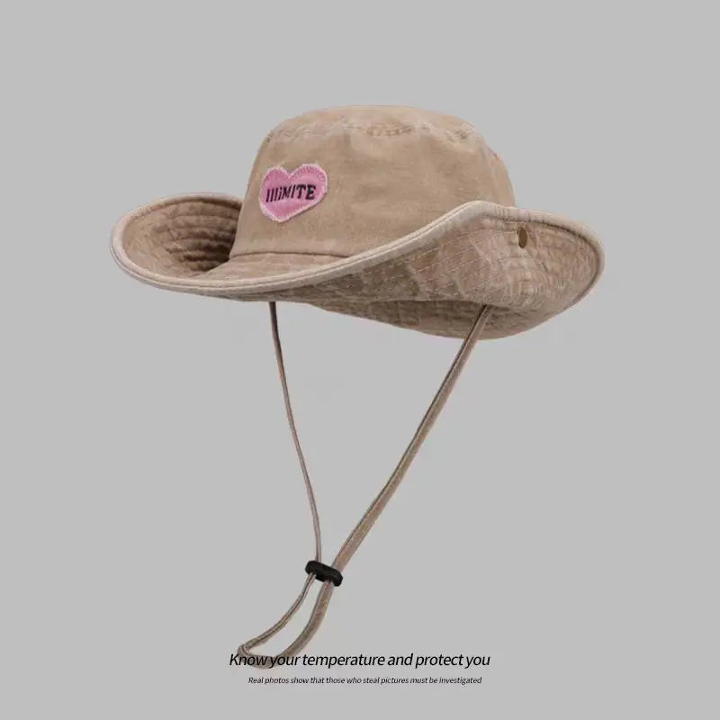 Japanese Retro Washed Cowboy Hats for Women Spring and Summer Outdoor Camping Sun Protection Sweet Pink Love Bucket Caps - www.Shopthatapp.com