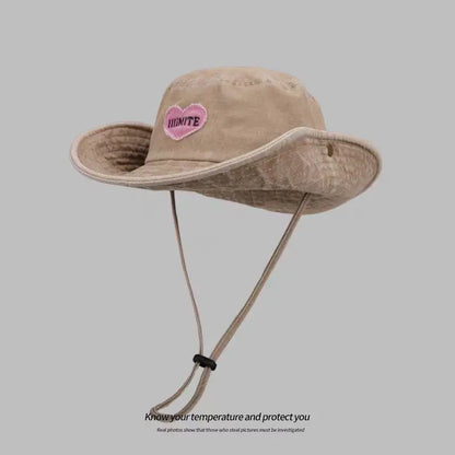 Japanese Retro Washed Cowboy Hats for Women Spring and Summer Outdoor Camping Sun Protection Sweet Pink Love Bucket Caps - www.Shopthatapp.com