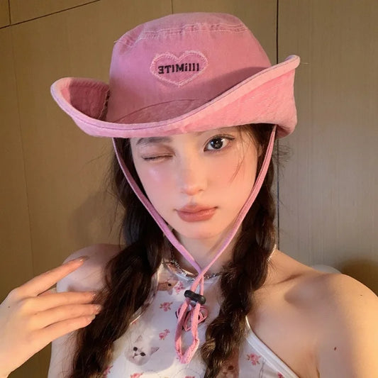 Japanese Retro Washed Cowboy Hats for Women Spring and Summer Outdoor Camping Sun Protection Sweet Pink Love Bucket Caps - www.Shopthatapp.com