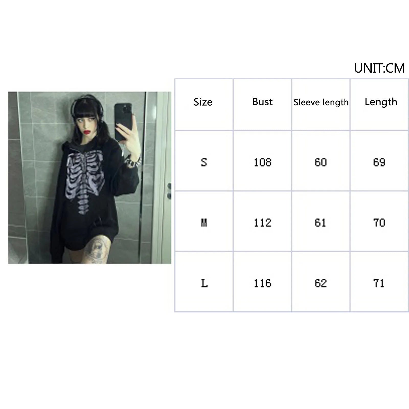 Women's Dark Aesthetic Hoodies Gothic Punk Skull Print Sweatshirt Long Sleeves Casual Hooded Coat y2k Fairycore Grunge Clothes - www.Shopthatapp.com