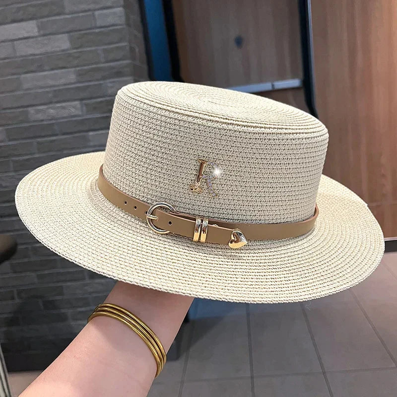 Summer Sun Hat Flat Top Straw Hats for Women New Metal R Letter Fashionable Beach Sun Hat Females Travel Holidays Boater Hat - www.Shopthatapp.com