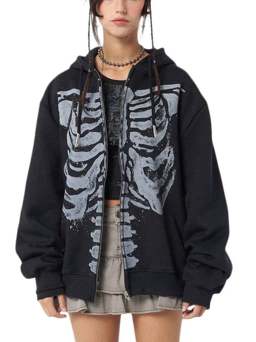 Women's Dark Aesthetic Hoodies Gothic Punk Skull Print Sweatshirt Long Sleeves Casual Hooded Coat y2k Fairycore Grunge Clothes - www.Shopthatapp.com