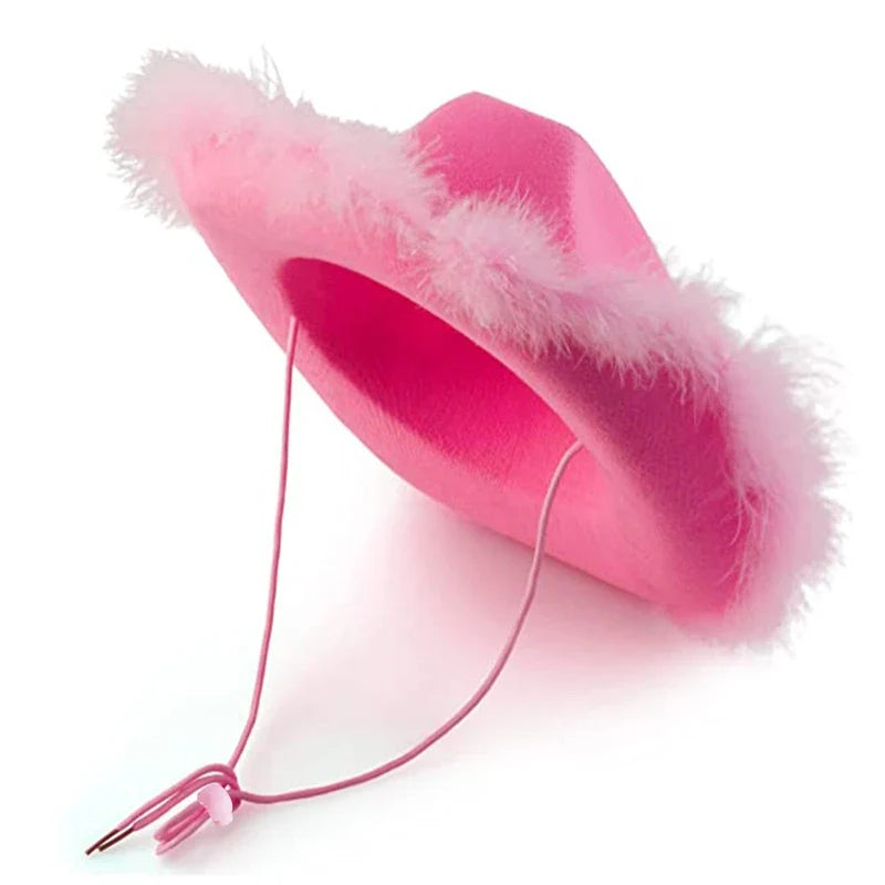 Fashion Pink Cowgirl Hat Feather Brim Cowboy Hat Western Cowboy Hat for Bachelorette Party Carnival Cosplay - www.Shopthatapp.com