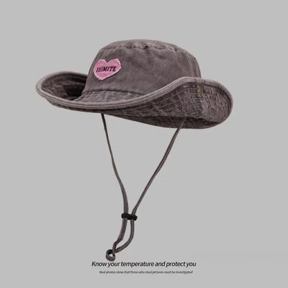 Japanese Retro Washed Cowboy Hats for Women Spring and Summer Outdoor Camping Sun Protection Sweet Pink Love Bucket Caps - www.Shopthatapp.com