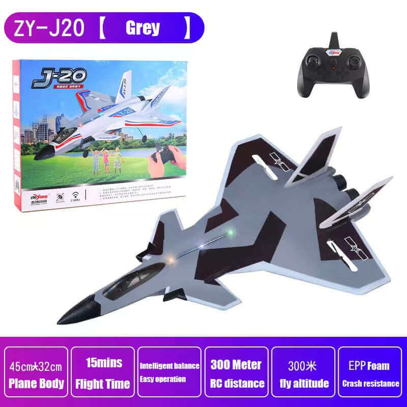 2.4GHz J20 RC Fighter Jet with Cool Lights - Remote Control Fixed-Wing Aircraft Made of Durable Foam - Model Glider Toy with Auto-Balance Feature and 300 Meter Range - www.Shopthatapp.com