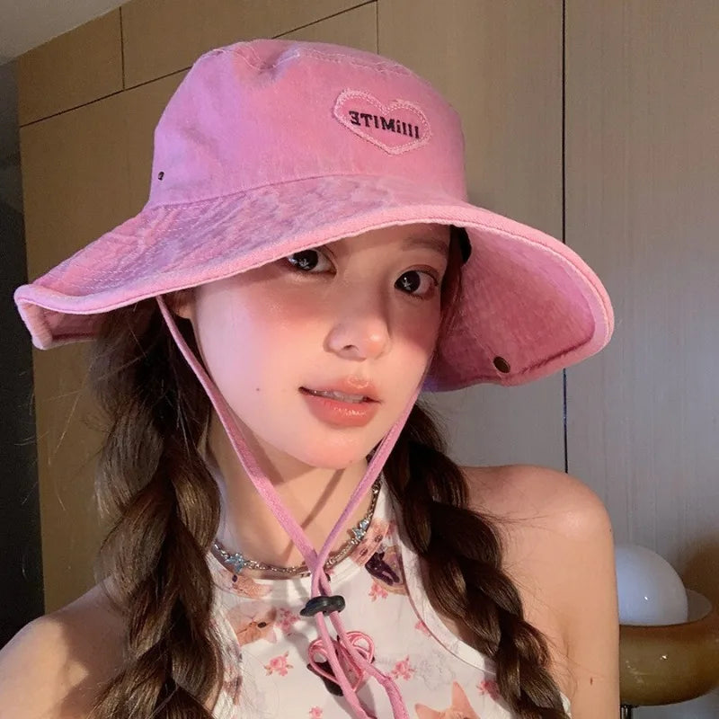 Japanese Retro Washed Cowboy Hats for Women Spring and Summer Outdoor Camping Sun Protection Sweet Pink Love Bucket Caps - www.Shopthatapp.com