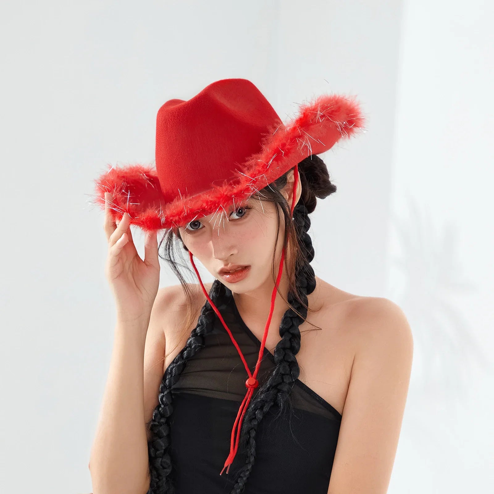 2024 Fashion Women´s Party Hats Cowboy Hat Adult Solid Color Furry Trim Wide Brim Hat Female Cap for Dating Party - www.Shopthatapp.com