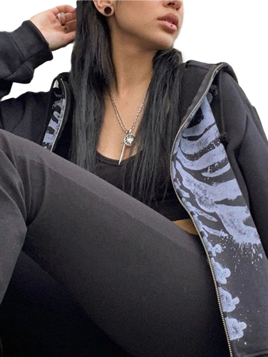 Women's Dark Aesthetic Hoodies Gothic Punk Skull Print Sweatshirt Long Sleeves Casual Hooded Coat y2k Fairycore Grunge Clothes - www.Shopthatapp.com