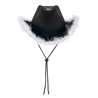 2024 Fashion Women´s Party Hats Cowboy Hat Adult Solid Color Furry Trim Wide Brim Hat Female Cap for Dating Party - www.Shopthatapp.com