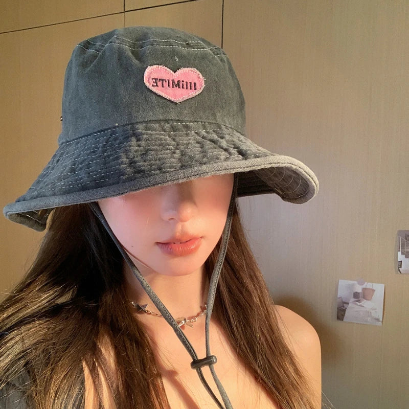 Japanese Retro Washed Cowboy Hats for Women Spring and Summer Outdoor Camping Sun Protection Sweet Pink Love Bucket Caps - www.Shopthatapp.com