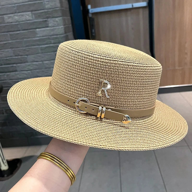 Summer Sun Hat Flat Top Straw Hats for Women New Metal R Letter Fashionable Beach Sun Hat Females Travel Holidays Boater Hat - www.Shopthatapp.com