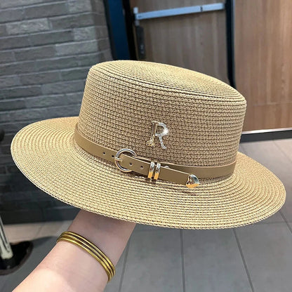 Summer Sun Hat Flat Top Straw Hats for Women New Metal R Letter Fashionable Beach Sun Hat Females Travel Holidays Boater Hat - www.Shopthatapp.com