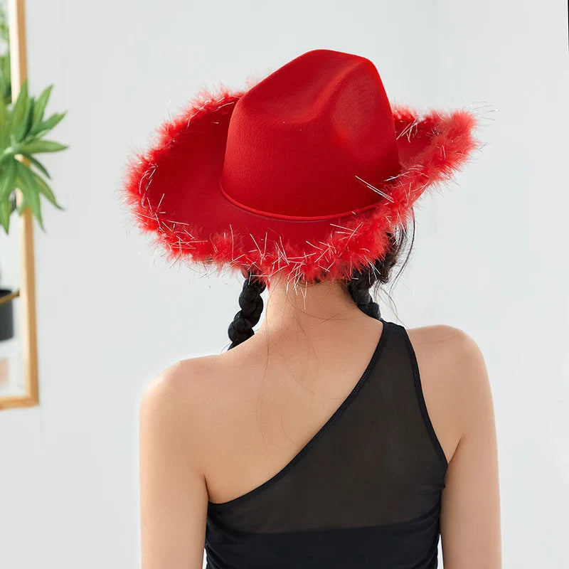 2024 Fashion Women´s Party Hats Cowboy Hat Adult Solid Color Furry Trim Wide Brim Hat Female Cap for Dating Party - www.Shopthatapp.com
