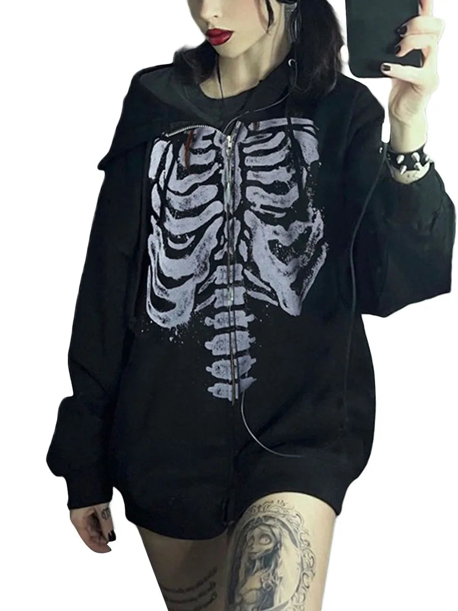 Women's Dark Aesthetic Hoodies Gothic Punk Skull Print Sweatshirt Long Sleeves Casual Hooded Coat y2k Fairycore Grunge Clothes - www.Shopthatapp.com