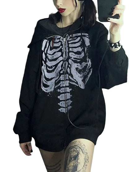 Women's Dark Aesthetic Hoodies Gothic Punk Skull Print Sweatshirt Long Sleeves Casual Hooded Coat y2k Fairycore Grunge Clothes - www.Shopthatapp.com
